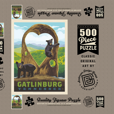 Darstellung des Puzzle Motivs Gatlinburg, Tennessee: Anakeesta Twigloo Cubs, Vintage Poster 500 Puzzle Schachtel 3D Modell