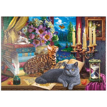 Darstellung des Puzzle Motivs puzzleplate Cats Near the Window at Night 1000 Puzzle