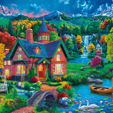 Darstellung des Puzzle Motivs Evening House in the Mountains 100 Puzzle 3D Modell