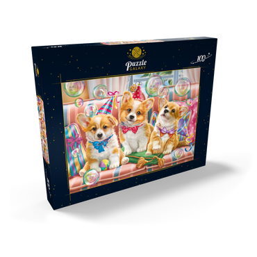 Darstellung des Puzzle Motivs Corgi Puppies at Birthday Party 100 Puzzle Schachtel Ansicht2