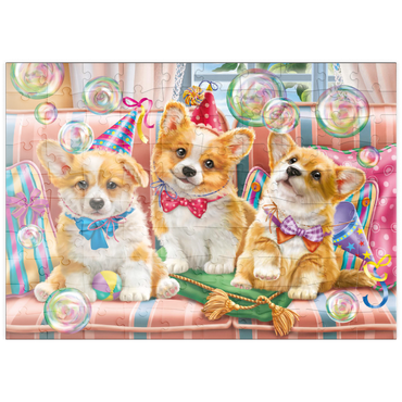 Darstellung des Puzzle Motivs puzzleplate Corgi Puppies at Birthday Party 100 Puzzle