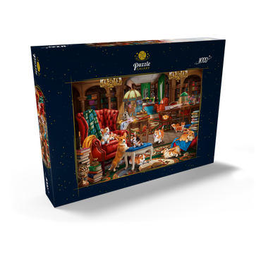 Darstellung des Puzzle Motivs Corgi in the Library 1000 Puzzle Schachtel Ansicht2
