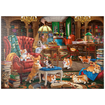 Darstellung des Puzzle Motivs puzzleplate Corgi in the Library 1000 Puzzle