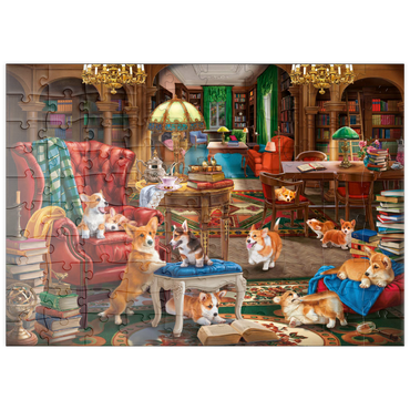 Darstellung des Puzzle Motivs puzzleplate Corgi in the Library 100 Puzzle