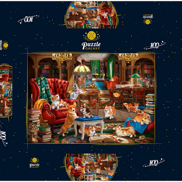 Darstellung des Puzzle Motivs Corgi in the Library 100 Puzzle Schachtel 3D Modell