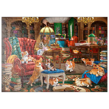 Darstellung des Puzzle Motivs puzzleplate Corgi in the Library 200 Puzzle