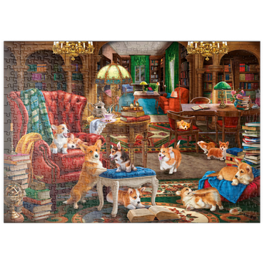 Darstellung des Puzzle Motivs puzzleplate Corgi in the Library 500 Puzzle