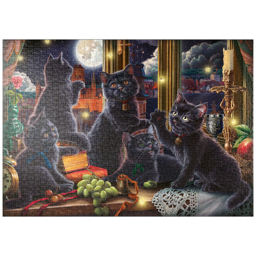 Darstellung des Puzzle Motivs puzzleplate Black Kittens & Fireflies 1000 Puzzle