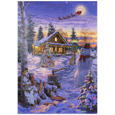 Darstellung des Puzzle Motivs puzzleplate Schneemann begrüßt den Weihnachtsmann 1000 Puzzle