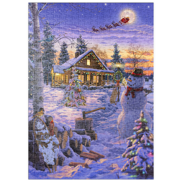 Darstellung des Puzzle Motivs puzzleplate Schneemann begrüßt den Weihnachtsmann 500 Puzzle