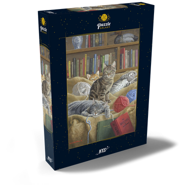 Darstellung des Puzzle Motivs Verspielte Katzen in der Bibliothek 1000 Puzzle Schachtel Ansicht2