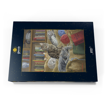 Darstellung des Puzzle Motivs Verspielte Katzen in der Bibliothek 1000 Puzzle Schachtel Ansicht3