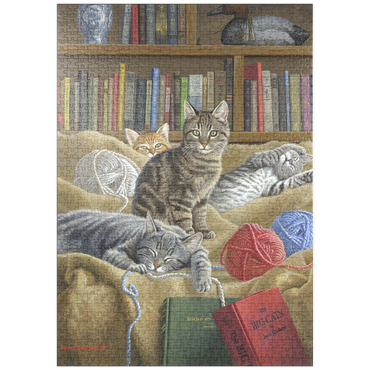 Darstellung des Puzzle Motivs puzzleplate Verspielte Katzen in der Bibliothek 1000 Puzzle