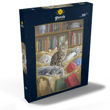 Darstellung des Puzzle Motivs Verspielte Katzen in der Bibliothek 200 Puzzle Schachtel Ansicht2