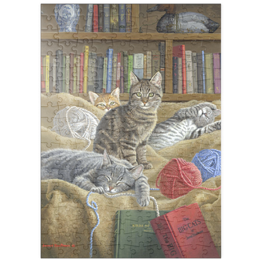 Darstellung des Puzzle Motivs puzzleplate Verspielte Katzen in der Bibliothek 200 Puzzle