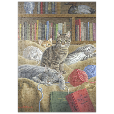 Darstellung des Puzzle Motivs puzzleplate Verspielte Katzen in der Bibliothek 500 Puzzle