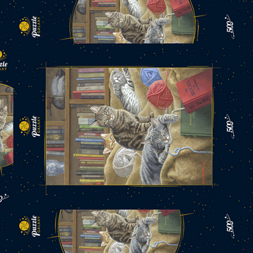 Darstellung des Puzzle Motivs Verspielte Katzen in der Bibliothek 500 Puzzle Schachtel 3D Modell
