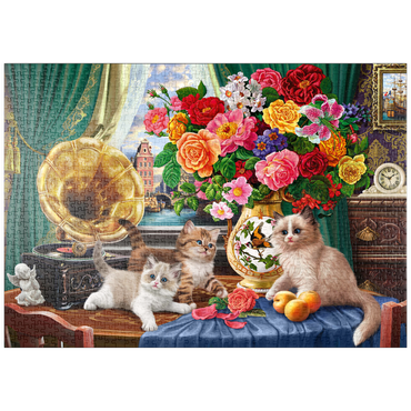 Darstellung des Puzzle Motivs puzzleplate Kittens & Colorful Flowers 1000 Puzzle
