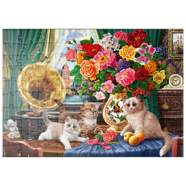 Darstellung des Puzzle Motivs puzzleplate Kittens & Colorful Flowers 100 Puzzle
