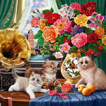 Darstellung des Puzzle Motivs Kittens & Colorful Flowers 500 Puzzle 3D Modell