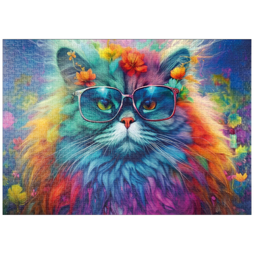 Darstellung des Puzzle Motivs puzzleplate Regenbogenkatze mit stylischer Brille 1000 Puzzle