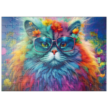 Darstellung des Puzzle Motivs puzzleplate Regenbogenkatze mit stylischer Brille 100 Puzzle