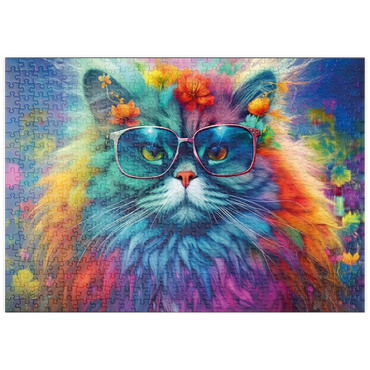 Darstellung des Puzzle Motivs puzzleplate Regenbogenkatze mit stylischer Brille 500 Puzzle
