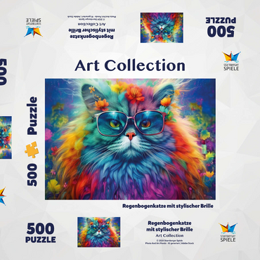 Darstellung des Puzzle Motivs Regenbogenkatze mit stylischer Brille 500 Puzzle Schachtel 3D Modell
