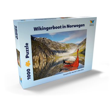 Darstellung des Puzzle Motivs Wikinger-Boot in einem Fjord in Norwegen 1000 Puzzle Schachtel Ansicht2