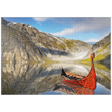 Darstellung des Puzzle Motivs puzzleplate Wikinger-Boot in einem Fjord in Norwegen 1000 Puzzle