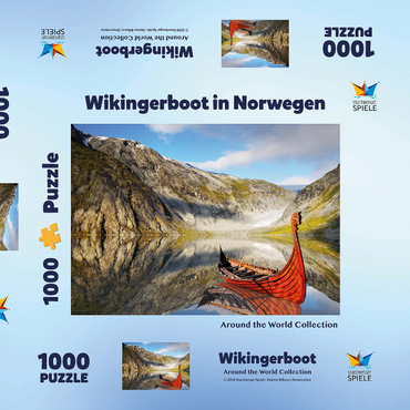 Darstellung des Puzzle Motivs Wikinger-Boot in einem Fjord in Norwegen 1000 Puzzle Schachtel 3D Modell