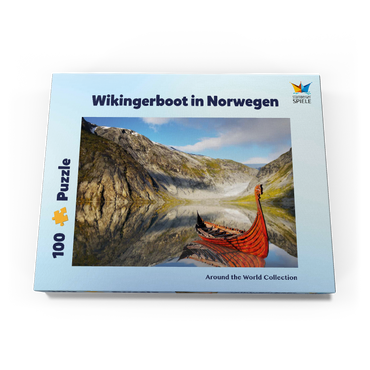 Darstellung des Puzzle Motivs Wikinger-Boot in einem Fjord in Norwegen 100 Puzzle Schachtel Ansicht3