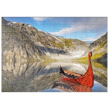 Darstellung des Puzzle Motivs puzzleplate Wikinger-Boot in einem Fjord in Norwegen 100 Puzzle
