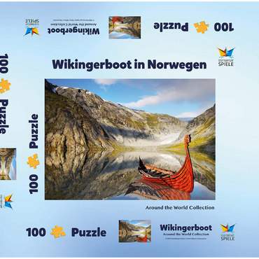 Darstellung des Puzzle Motivs Wikinger-Boot in einem Fjord in Norwegen 100 Puzzle Schachtel 3D Modell