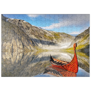 Darstellung des Puzzle Motivs puzzleplate Wikinger-Boot in einem Fjord in Norwegen 200 Puzzle