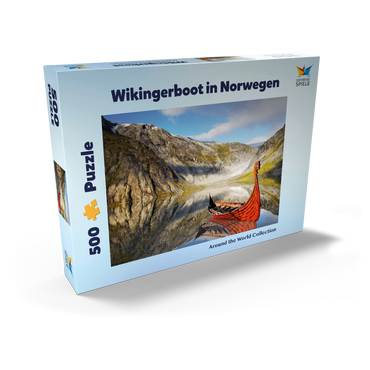 Darstellung des Puzzle Motivs Wikinger-Boot in einem Fjord in Norwegen 500 Puzzle Schachtel Ansicht2