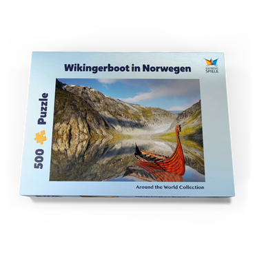 Darstellung des Puzzle Motivs Wikinger-Boot in einem Fjord in Norwegen 500 Puzzle Schachtel Ansicht3