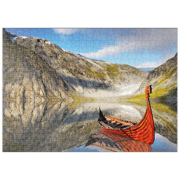 Darstellung des Puzzle Motivs puzzleplate Wikinger-Boot in einem Fjord in Norwegen 500 Puzzle