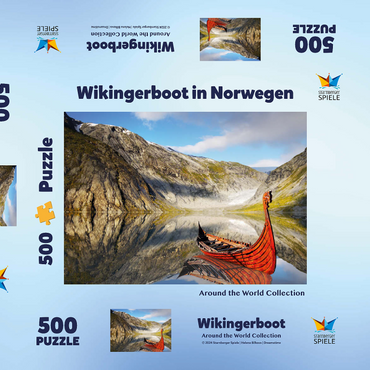 Darstellung des Puzzle Motivs Wikinger-Boot in einem Fjord in Norwegen 500 Puzzle Schachtel 3D Modell