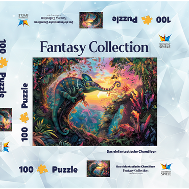 Darstellung des Puzzle Motivs Das elefantastische Chamäleon - Fantasie-Tier im farbenprächtigen Dschungel 100 Puzzle Schachtel 3D Modell