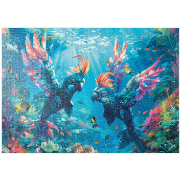 Darstellung des Puzzle Motivs puzzleplate Delfin-Papageien am Korallenriff - Fantasie-Tiere in der Unterwasserwelt 1000 Puzzle