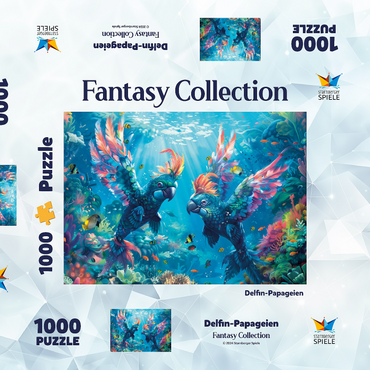 Darstellung des Puzzle Motivs Delfin-Papageien am Korallenriff - Fantasie-Tiere in der Unterwasserwelt 1000 Puzzle Schachtel 3D Modell
