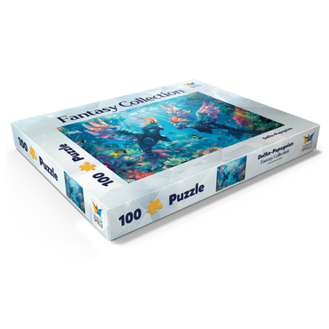 Darstellung des Puzzle Motivs Delfin-Papageien am Korallenriff - Fantasie-Tiere in der Unterwasserwelt 100 Puzzle Schachtel Ansicht1