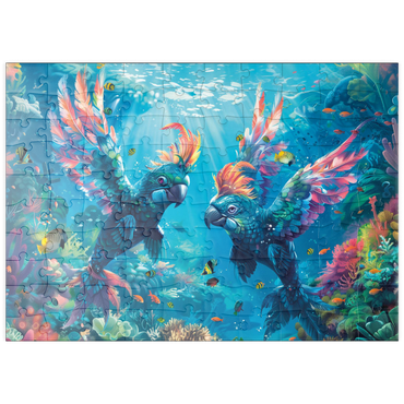 Darstellung des Puzzle Motivs puzzleplate Delfin-Papageien am Korallenriff - Fantasie-Tiere in der Unterwasserwelt 100 Puzzle