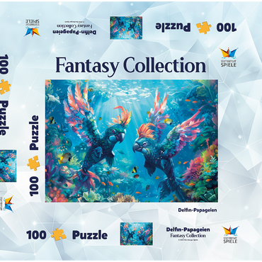 Darstellung des Puzzle Motivs Delfin-Papageien am Korallenriff - Fantasie-Tiere in der Unterwasserwelt 100 Puzzle Schachtel 3D Modell