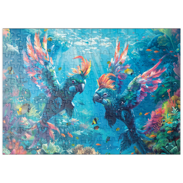 Darstellung des Puzzle Motivs puzzleplate Delfin-Papageien am Korallenriff - Fantasie-Tiere in der Unterwasserwelt 200 Puzzle