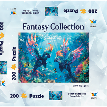 Darstellung des Puzzle Motivs Delfin-Papageien am Korallenriff - Fantasie-Tiere in der Unterwasserwelt 200 Puzzle Schachtel 3D Modell