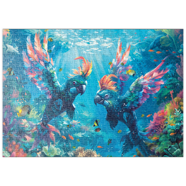 Darstellung des Puzzle Motivs puzzleplate Delfin-Papageien am Korallenriff - Fantasie-Tiere in der Unterwasserwelt 500 Puzzle