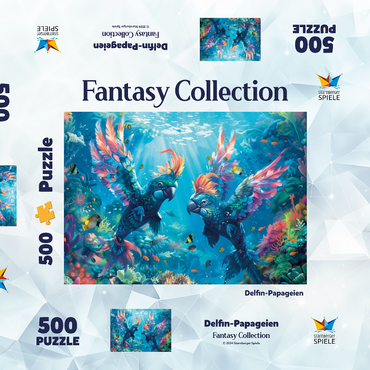 Darstellung des Puzzle Motivs Delfin-Papageien am Korallenriff - Fantasie-Tiere in der Unterwasserwelt 500 Puzzle Schachtel 3D Modell