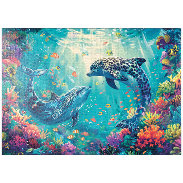 Darstellung des Puzzle Motivs puzzleplate Leoparden-Delfine am Korallenriff - Fantasie-Tiere in der Unterwasserwelt 1000 Puzzle